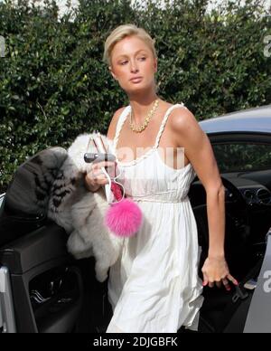 Paris Hilton kommt im Grill in Beverly Hills, ca. für ein Mittagessen. Die Erbin des Hotels hielt zweimal an, bevor sie die Straße überquerte, um ihre Spiegelung in den Autofenstern zu überprüfen. 01/11/06 Stockfoto