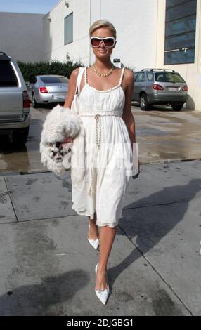 Paris Hilton kommt im Grill in Beverly Hills, ca. für ein Mittagessen. Die Erbin des Hotels hielt zweimal an, bevor sie die Straße überquerte, um ihre Spiegelung in den Autofenstern zu überprüfen. 01/11/06 Stockfoto