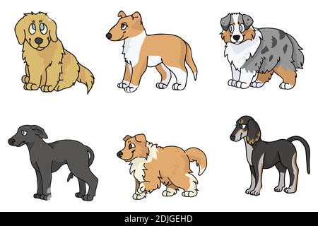 Nette Cartoon Welpen Rasse Set Vektor Cliparts. Pedigree Zwinger Rough Collie, Golden Retriever für Hundeliebhaber. Reinrassige Windhund glatte Collie und Stock Vektor