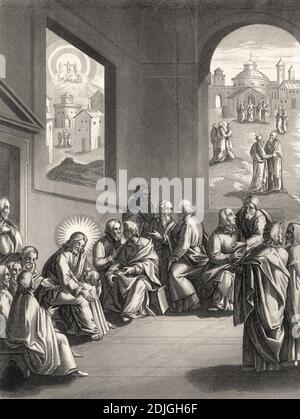 Jesus lehrt die Jünger über Humilty und brüderliche Korrektur, Stahlstich 1853, digital restauriert Stockfoto