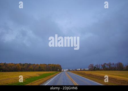 Burke County, GA USA - 12 14 20: Lange Landstraße an einem bewölkten Morgen Stockfoto