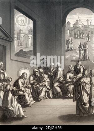 Jesus lehrt die Jünger über Humilty und brüderliche Korrektur, Stahlstich 1853, digital restauriert Stockfoto