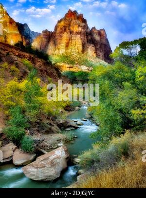 Virgin River mit Herbstfarbe. Zion National Park, Utah Stockfoto