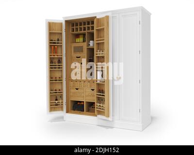 3D-Rendering Holz-Organiser-Küchenschrank auf weißem Hintergrund mit Schatten Stockfoto