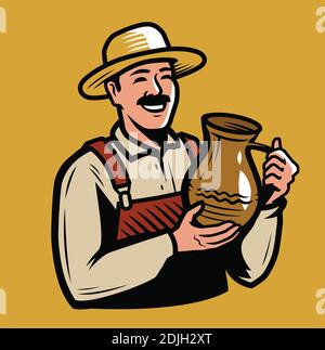 Mann, der einen Krug hält. Vektorgrafik Getränk Emblem Stock Vektor