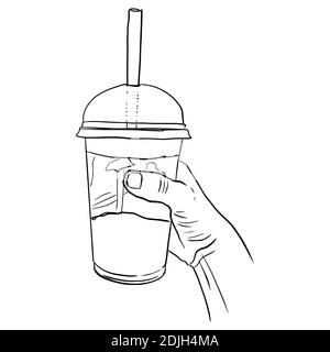 Skizzieren Sie die Skizze des Handgriffgetränks in einem Plastikglas Mit einem Strohhalm Stock Vektor