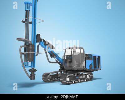 Große Baumaschinen Crawler montiert Drehbohrgerät Vorderansicht Blaues 3D-Rendering auf blauem Hintergrund mit Schatten Stockfoto