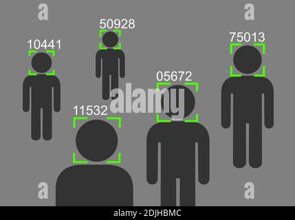 Gesichtserkennung - Überwachung, Überwachung und Kontrolle der Gesellschaft durch Kamera und moderne Technologie. Vektorgrafik Stockfoto