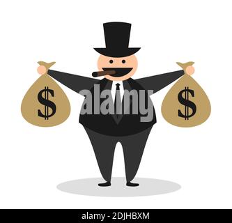 Profitabler Geschäftsmann verdient Geld. Karikatur von gierig fett hässlich reichen Kapitalisten. Person hält US-Dollar in der Tasche, trägt schwarzen Anzug, und SM Stockfoto
