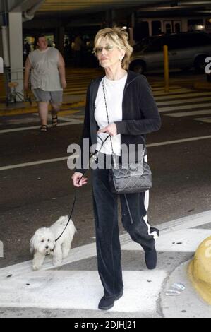 Exklusiv!! Oscar-Preisträgerin Jane Fonda (68) kommt mit ihrem Hund Tulea am Miami Dade College auf dem Wolfson Campus an, um ihr meistverkauftes Buch "Mein Leben bisher" zu promoten. Offensichtlich war Tulea erleichtert, die erste verfügbare Palme zu sehen und in Abwesenheit eines pooper scooper Fonda entfernte den Beweis mit einem weißen Taschentuch. Miami, Florida. 22/06 Stockfoto