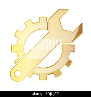 Goldener Schraubenschlüssel und Zahnradsymbol. Vektorgrafik. Einstellungen Tools Symbol isoliert. Einstellungskonzept Stock Vektor