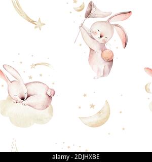 Niedliches Babykaninchen Tier nahtloses Muster Komet mit goldenem Sternenhimmel, Waldbrunnenillustration für Kinderbekleidung. Baumschule Hintergrundpapier Stockfoto