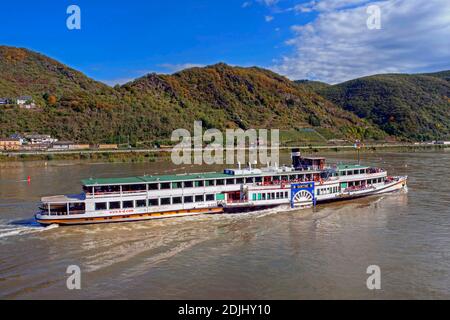 Raddampfer Goethe auf dem Rhein bei Kaub, Rheinland-Pfalz, Deutschland Stockfoto