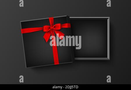 Offene schwarze leere Geschenkbox mit roter Schleife und Band, Vektor-Illustration Stock Vektor