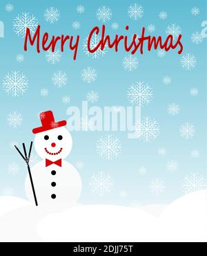 Frohe Weihnachten Handschrift. Schwarzer Text mit vereinzelten Schneeflocken, Kiefern und Schneemännern auf blauem Hintergrund. Weihnachten Urlaub Typografie. Stockfoto