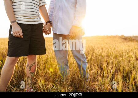 Zugeschnittenes Bild von jungen liebenden Paar zusammen draußen zu gehen Das Feld, das Hände von einander hält Stockfoto