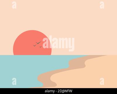 Landschaft in einem minimalistischen Stil, Linienkunst. Küste, Seestück. Boho Decor für Drucke, Poster und Interior Design. Moderne Einrichtung aus der Mitte des Jahrhunderts. Vektorillus Stock Vektor