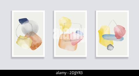 Trendiges Set von Aquarell minimalistischen abstrakten handgemalten Illustrationen. Abstrakte Kompositionen kritzeln verschiedene Formen. Ideal für Design Wanddekoration Stock Vektor