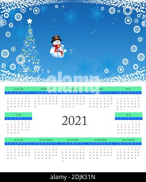 Kalender 2021, Schneemann, Dekoration, Illustration Stockfoto