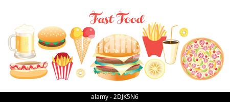 Vektor-Set Illustration von schönen Fast-Food isoliert auf weißem Hintergrund. Beispiel für Burger und andere Lebensmittel für die Werbung Stock Vektor