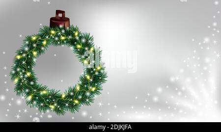 Ein Weihnachtskränze aus Kiefernästen mit heller Girlande und glänzenden Funkeln verziert. Grüne Weihnachtskränze für Ihr Design. Neujahr und Weihnachten Design. Vektorgrafik. Stock Vektor