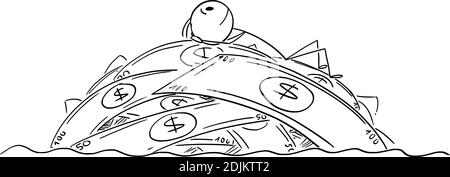 Vektor-Cartoon-Stick Figur Illustration von wohlhabenden erfolgreichen Mann oder Geschäftsmann träumen auf der Insel aus Geld oder Banknoten erstellt liegen. Stock Vektor
