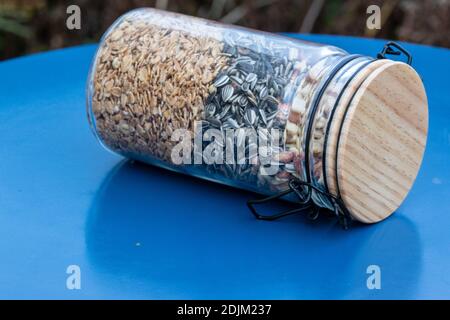 Vogelsaat für die Wintervögel in einem Glas. Fetthaltige Lebensmittel, Sonnenblumenkerne und Erdnüsse sind beliebt. Stockfoto