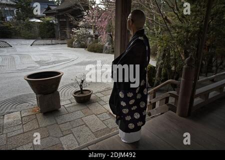 Japan/Wakayama Präfektur/Koyasan/Rengejoin Tempel/Buddhistischer Mönch Blick in den Steingarten in Koyasan. Stockfoto