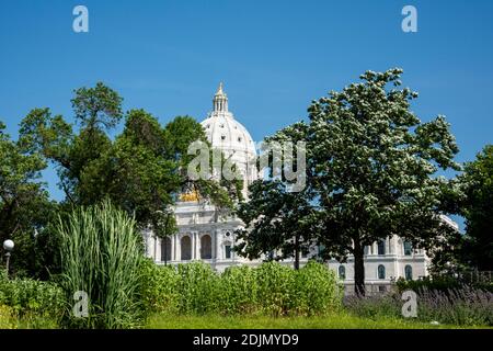 St. Paul, Minnesota. State Capitol Gebäude umgeben von wunderschönen Laub im Sommer. Stockfoto