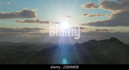 Bergpanorama über den Wolken Sonnenuntergang. Computergenerierte 3D-Illustration Stockfoto Bergpanorama über den Wolken Sonnenuntergang. Computergenerierte 3D-Illustration Stockfoto