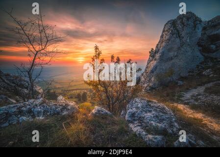 Farbenprächtiger Herbstuntergang über den Weinbergen vom Rocky Hill im Palava-Schutzgebiet bei Mikulov in Südmähren, Tschechische Republik Stockfoto