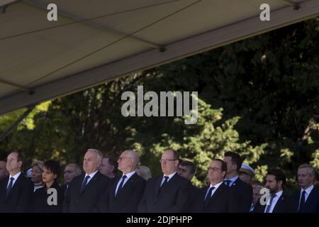 Nadjat Vallaud, Belkacem, Jean-Marc Ayrault, SAS Albert II de Monaco, Francois Hollande bei der Nationalen Zeremonie für die 86 Opfer des Terroranschlags von Nizza am 2016. Juli Château im Colline du 15 in Nizza, Südfrankreich, am 14. oktober 2016. Minister und Politiker nahmen vor rund 2000 Menschen, darunter die Opferfamilien und Rettungskräfte, an der Zeremonie Teil. Foto von Ian Hanning/Pool/ABACAPRESS.COM Stockfoto