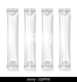 Vector 3d realistische weiße Kunststoff, Papier lange dünne Blank Verpackung Set isoliert. Drogen, Kaffee, Salz, Zucker, Pfeffer, Gewürze, Beutel, Süßigkeiten Wrapper Stock Vektor