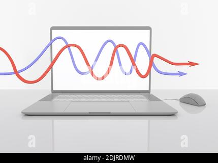 Laptop auf dem reflektierenden grauen Tisch, Monitor mit rot blauem Zeitplan, Arbeit zu Hause Konzept, Arbeitsplatz, 3d-Rendering Stockfoto