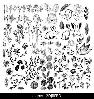 Ein Set aus monochromen floralen Elementen. Vektorgrafik Stock Vektor