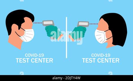 Covid-19 Testzentrum Körpertemperatur prüfen Mann und Frau flach Entwerfen Sie bearbeitbare Vektorgrafiken Stockfoto