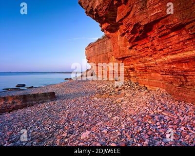 Europa, Schweden, Smaland, Insel Öland, steile Küste im Licht der Abendsonne, Westküste, Kiesstrand, Kalkstein Schiefer Stockfoto