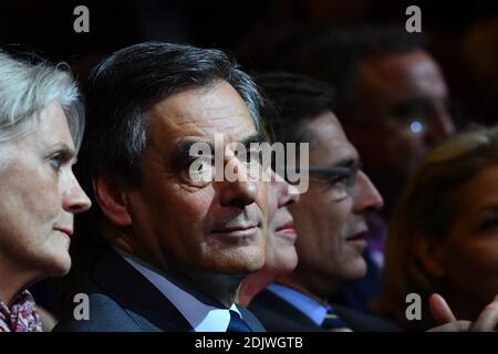 Francois Fillon, candidate for the right-wing primaries ahead of the French 2017 presidential election, along with his Welsh born wife Penelope Fillon, holds his last campaign rally in Paris, France, on November 25, 2016, ahead of the primary's second round on November 27. Francois Fillon and Alain Juppe, both former prime ministers, will go head-to-head in a run-off of France's rightwing presidential primary on November 27. The victor is considered likely to become president after elections in April and May next year. Photo by Francois Pauletto/ABACAPRESS.COM Stock Photo