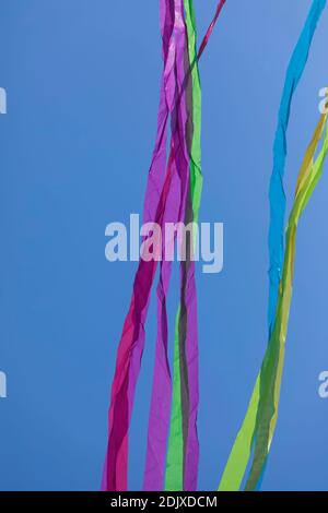 Regenbögen mit abstrakten, beweglichen Linien, in lebendigen Farben, geformt von zerknittert Stoffen, die leicht auf einem einfarbigen Hintergrund schweben. Stockfoto