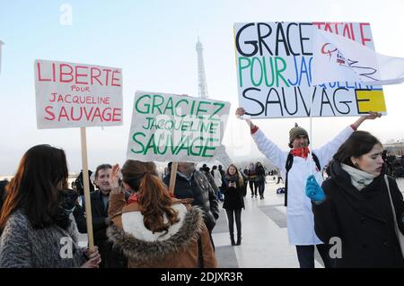 Demonstration in Anwesenheit der Komödianten Annie Duperey, Daniele Evenou, Eva Darlan, Mitglieder von Inna Shevchenko und Femen sowie der Anwälte Janine Bonaggiunta und Nathalie Tomasini am 10. Dezember 2016 auf dem Trocadero vor dem Eiffelturm in Paris, Frankreich, mit dem Aufruf zur Freilassung von Jacqueline Sauvage aus dem Gefängnis. Das Pariser Berufungsgericht wies am 24. November 2016 den Antrag auf Bewährung für Jacqueline Sauvage zurück, die wegen Mordes an ihrem gewalttätigen Ehemann zu 10 Jahren Haft verurteilt wurde, trotz einer teilweisen Begnadigung des französischen Präsidenten Francois Hollande. Foto von Alain Apaydin/ABACAPRES Stockfoto