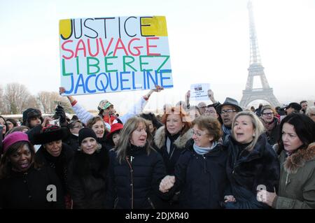 Demonstration in Anwesenheit der Komödianten Annie Duperey, Daniele Evenou, Eva Darlan, Mitglieder von Inna Shevchenko und Femen sowie der Anwälte Janine Bonaggiunta und Nathalie Tomasini am 10. Dezember 2016 auf dem Trocadero vor dem Eiffelturm in Paris, Frankreich, mit dem Aufruf zur Freilassung von Jacqueline Sauvage aus dem Gefängnis. Das Pariser Berufungsgericht wies am 24. November 2016 den Antrag auf Bewährung für Jacqueline Sauvage zurück, die wegen Mordes an ihrem gewalttätigen Ehemann zu 10 Jahren Haft verurteilt wurde, trotz einer teilweisen Begnadigung des französischen Präsidenten Francois Hollande. Foto von Alain Apaydin/ABACAPRES Stockfoto