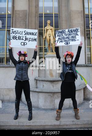 Demonstration in Anwesenheit der Komödianten Annie Duperey, Daniele Evenou, Eva Darlan, Mitglieder von Inna Shevchenko und Femen sowie der Anwälte Janine Bonaggiunta und Nathalie Tomasini am 10. Dezember 2016 auf dem Trocadero vor dem Eiffelturm in Paris, Frankreich, mit dem Aufruf zur Freilassung von Jacqueline Sauvage aus dem Gefängnis. Das Pariser Berufungsgericht wies am 24. November 2016 den Antrag auf Bewährung für Jacqueline Sauvage zurück, die wegen Mordes an ihrem gewalttätigen Ehemann zu 10 Jahren Haft verurteilt wurde, trotz einer teilweisen Begnadigung des französischen Präsidenten Francois Hollande. Foto von Alain Apaydin/ABACAPRES Stockfoto