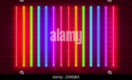 Set von vertikal glühenden Neonröhre. Neonlicht an der Ziegelwand. Vektorvorlage, 3d-Illustration Stock Vektor