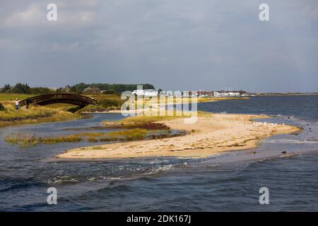 Landschaftsaufnahme mit Holzbrücke im Munkmarsch, Sylt, Schleswig-Holstein, Deutschland Stockfoto