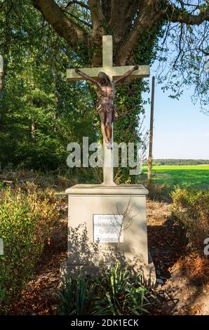 Deutschland, Borken, Borken-Hoxfeld, Naturpark hohe Mark Westmünsterland, Münsterland, Westfalen, Nordrhein-Westfalen, Wegkreuz, Kruzifix auf dem Schulze-Sindern Hof in der Vardingholter Straße, Jesus Christus am Kreuz Stockfoto