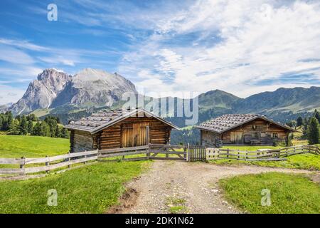 Traditionelle Berghütten auf den Weiden der seiser alm, mit dem Plattkofel im Hintergrund, Provinz bozen, Südtirol, Italien, Europa Stockfoto