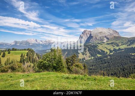 Langkofel und Plattkofel von der Seiser Alm bei Saltria, Dolomiten, Provinz Bozen, Südtirol / Südtirol, Italien, Europa Stockfoto