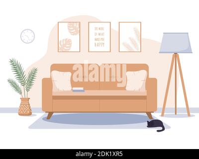 Gemütliche Wohnzimmereinrichtung im skandinavischen Stil. Apartment-Design-Konzept mit komfortablen Möbeln. Stock Vektor