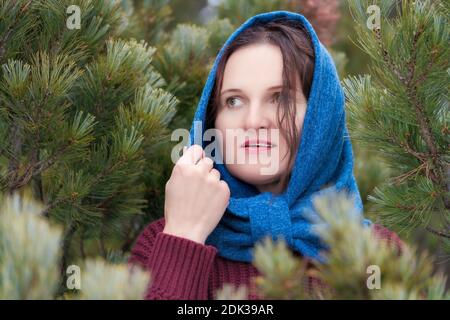 Portrait der süßen Brünette Frau mit braunen Augen und langen Haaren steht in Tannenwald, Blick zur Seite. Schöne junge Frau in braunen Pullover gekleidet Stockfoto