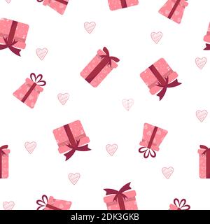 Nahtloses Muster mit rosa Geschenkschachteln mit Schleifen und Bändern. Alles gute zum Valentinstag. Niedliche romantische Hintergrund. Stock Vektor